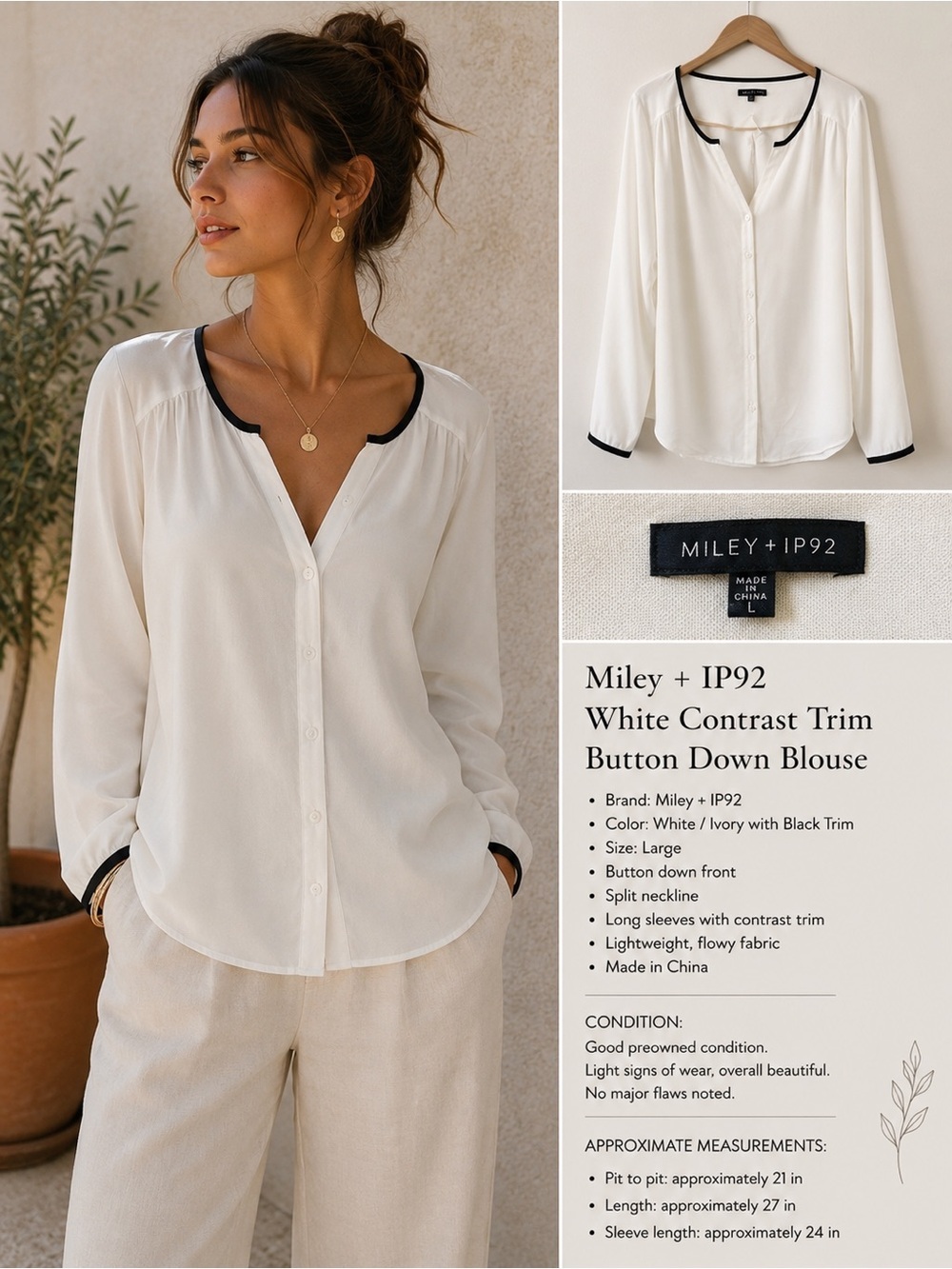 Mynt 1792 White Button-Front Blouse with Black Trim – Size 3X